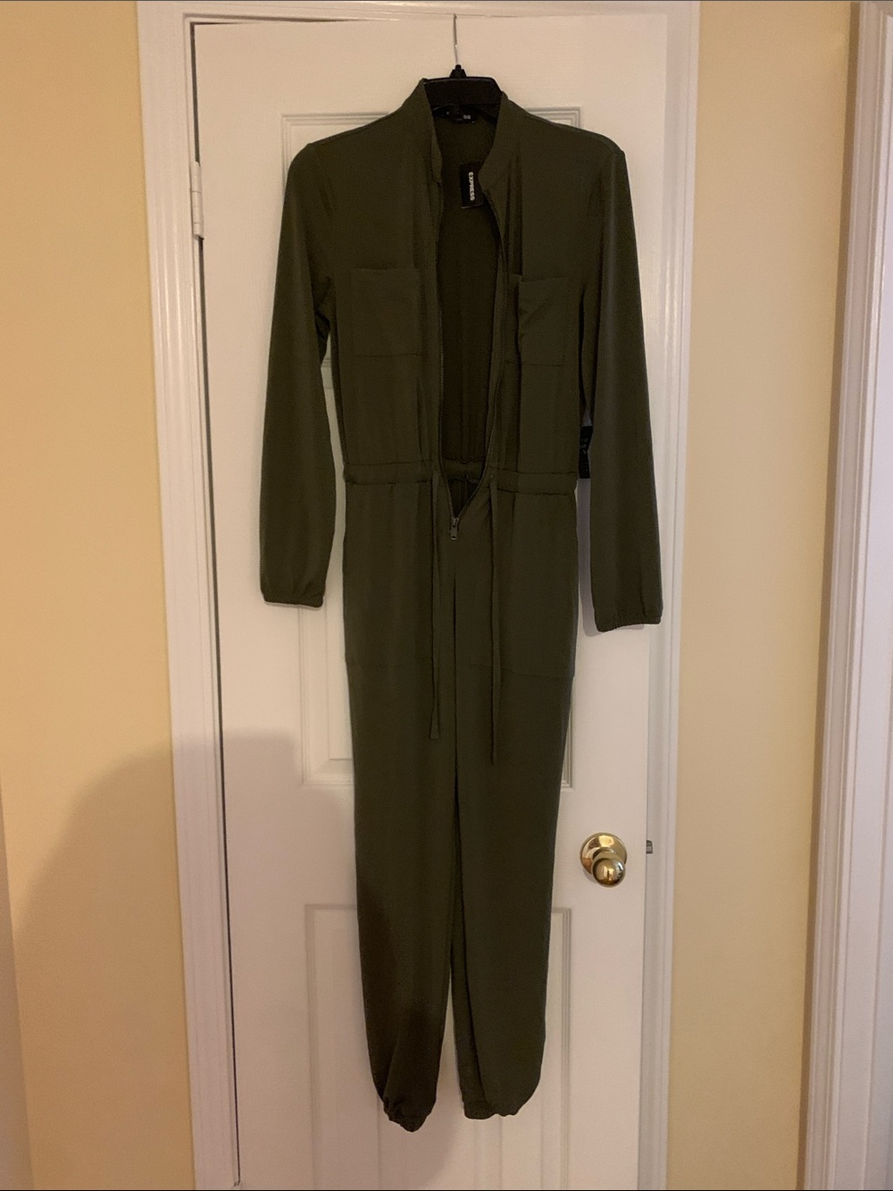 Express Olive Green Long-Sleeve Utility Jumpsuit